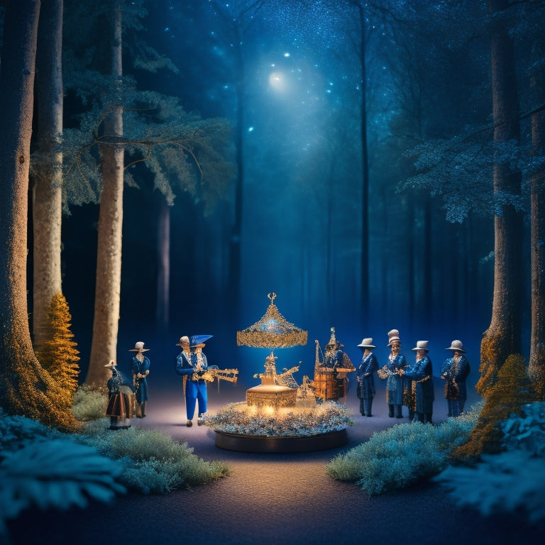 A whimsical, moonlit forest scene featuring a grand, ornate music box center stage, surrounded by oboe players in elegant attire, amidst twinkling fireflies and snowflakes.