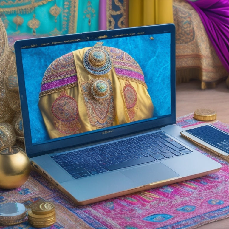 A whimsical illustration featuring a laptop surrounded by belly dance-inspired elements: colorful scarves, golden coins, and ornate mirrors, with a subtle Middle Eastern patterned background.