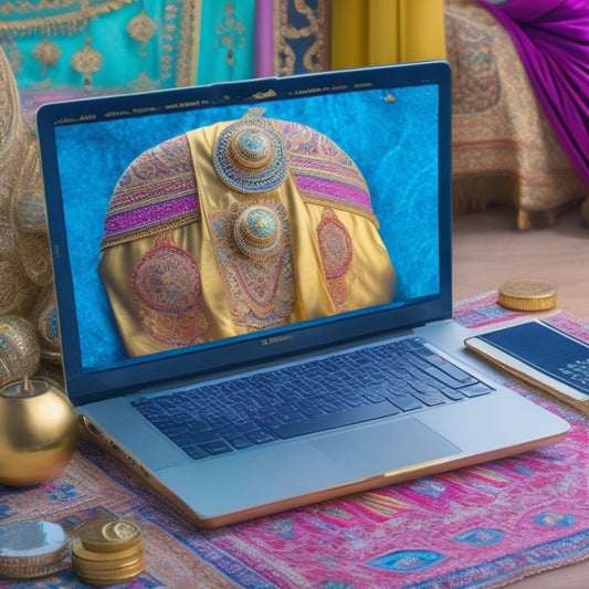 A whimsical illustration featuring a laptop surrounded by belly dance-inspired elements: colorful scarves, golden coins, and ornate mirrors, with a subtle Middle Eastern patterned background.