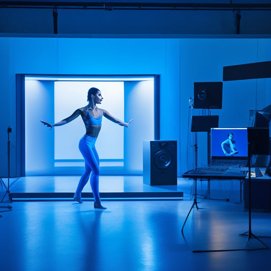 A dancer in a modern, minimalist studio, surrounded by laptops and tablets, with screens displaying dance moves, against a bright, gradient blue background, with subtle dance floor reflections.