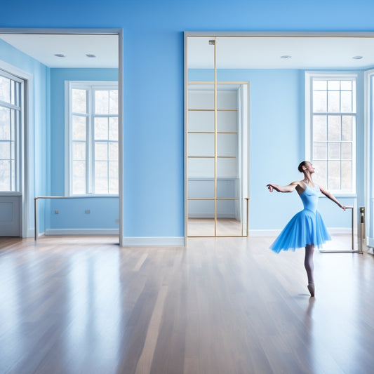 A serene, minimalist dance studio with a light wood floor, mirrored walls, and a single, elegant ballet barre, where a dancer in a flowing, pale blue leotard practices a poised, balanced arabesque.