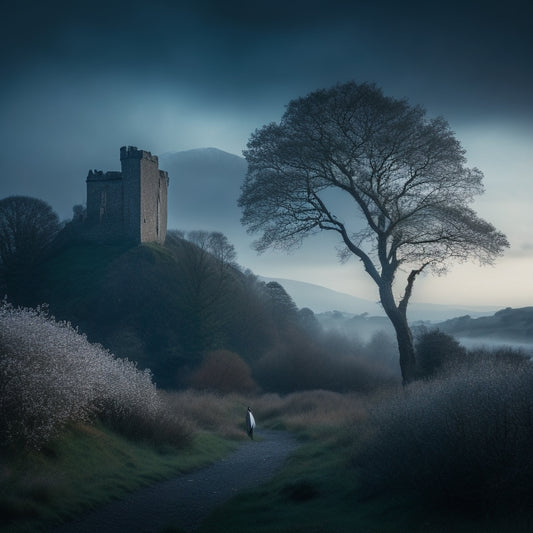 A misty, moonlit Scottish Highlands landscape with a mysterious, crumbling castle in the distance, surrounded by twisted tree branches and overgrown vines, with a lone, elegant figure in the foreground.