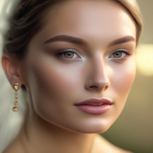 A serene, soft-focus bridal portrait with a gentle, golden light, showcasing a smooth, radiant complexion, with a subtle glow on the cheekbones and a delicate, natural-looking makeup application.