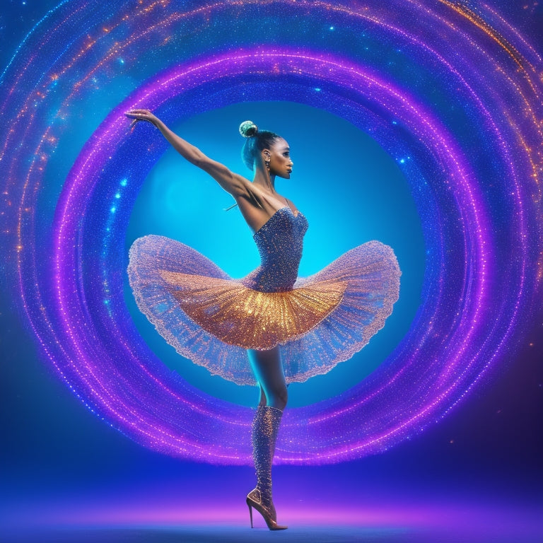 A stylized illustration of a dancer in the center, surrounded by swirling digital screens, spotlights, and social media icons, with subtle sparkles and shimmering lights to convey online visibility and digital presence.