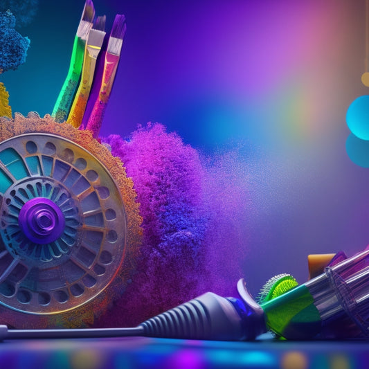 A vibrant, abstract illustration featuring intertwined paintbrushes, gears, and musical notes, set against a gradient background that transitions from artistic hues to industrial tones.