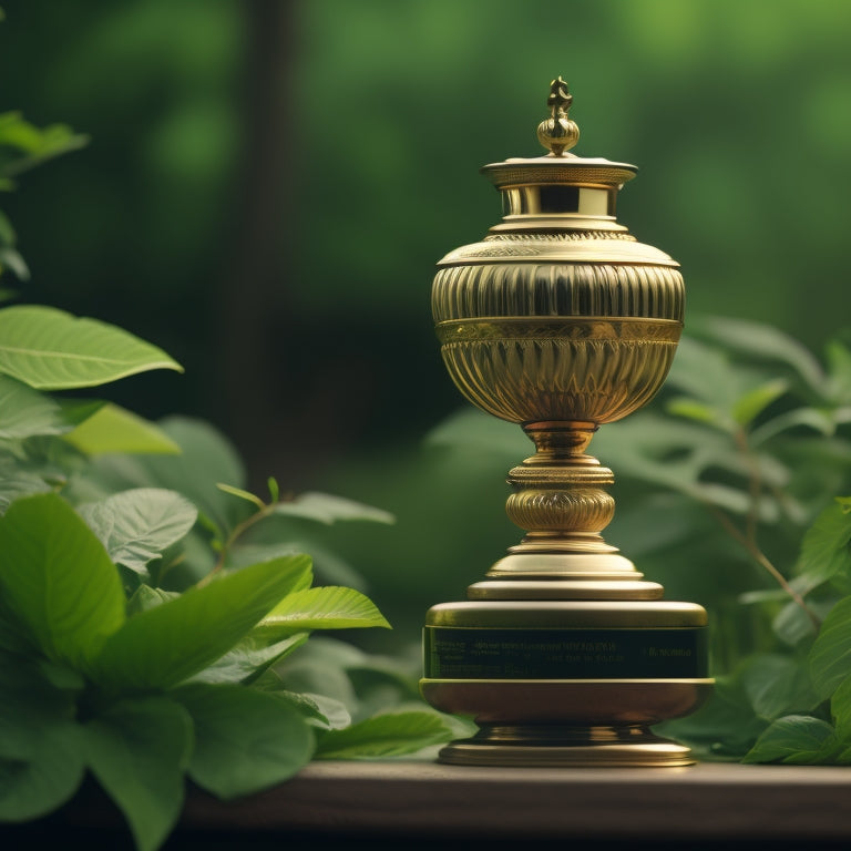 A golden trophy with a naturopathy symbol on its base, surrounded by lush green leaves and a subtle Indian flag pattern in the background, with a faint image of a young person in the distance.