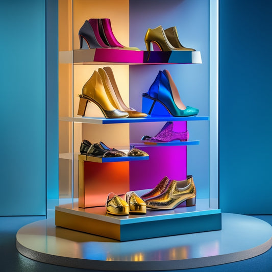 A sleek, modern high heel counter with multiple tiers showcasing an organized array of stylish heels. Soft lighting illuminates the glossy surfaces, highlighting the rich textures of leather and vibrant colors.