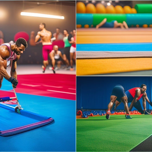 A split-screen image: a cluttered, dirty gym floor on one side, and a clean, organized gym with colorful, rolled-up mats on the other, with a few athletes stretching in the background.