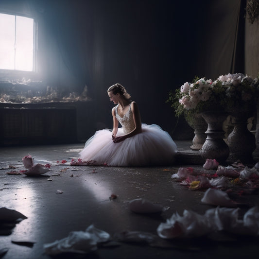 A haunting, dimly lit backstage scene: a lone, exhausted ballet dancer sits amidst shattered mirrors, torn pointe shoes, and scattered flowers, surrounded by faint, ghostly silhouettes of former dancers.