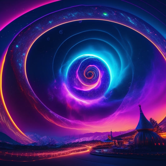 A swirling vortex of neon colors, with glowing orbs and wispy tendrils, set against a dark, starry night sky, surrounded by abstract, futuristic architecture.