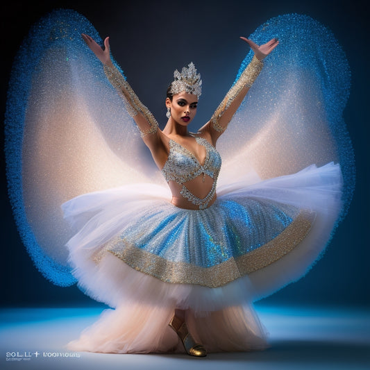 A shimmering, beaded, rhinestone-encrusted dance costume with a flowing, iridescent skirt, surrounded by subtle, golden halos, set against a soft, gradient blue background, evoking a sense of divine movement.