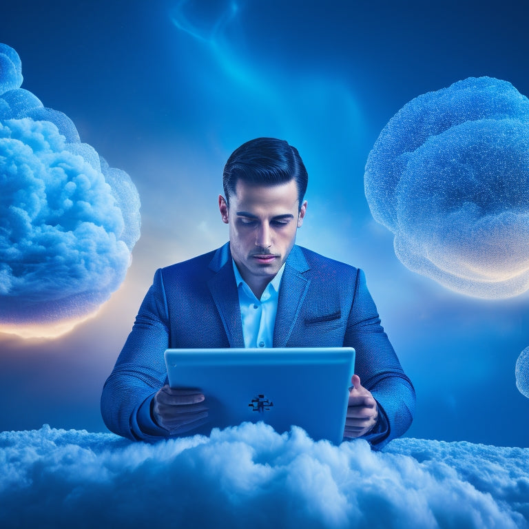 An illustration of a person surrounded by swirling clouds of information, with puzzle pieces fitting together in the background, and a subtle glow emanating from a tablet or laptop in their hand.