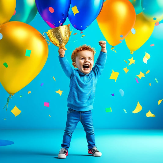 A colorful illustration of a smiling cartoon kid dancing in front of a shiny, golden trophy, with confetti and balloons surrounding them, against a bright blue background.