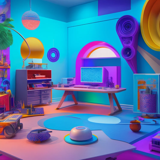 A vibrant, futuristic illustration of a design studio with various creative stations, including a drafting table, 3D printing machine, and virtual reality headset, surrounded by colorful design elements and swirling shapes.