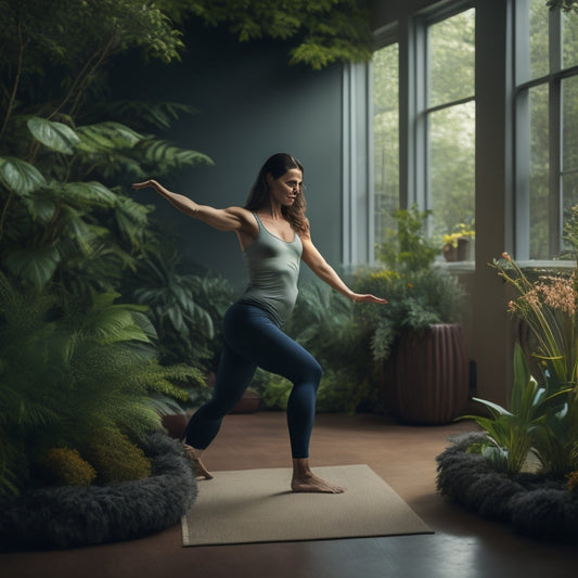 A serene, dimly lit studio with a calm, flexible woman in her 30s, dressed in comfortable yoga pants and a loose top, performing a gentle, flowing dance move, surrounded by soothing greenery.