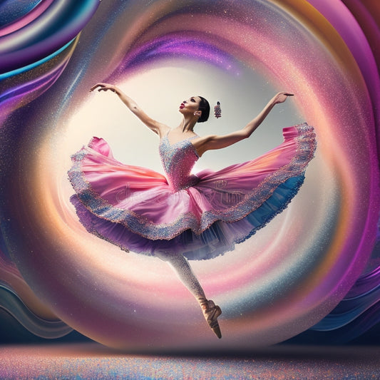 A whimsical illustration featuring a ballet dancer surrounded by colorful swirls, musical notes, and dance-inspired patterns, set against a soft, gradient background with subtle sparkle effects.