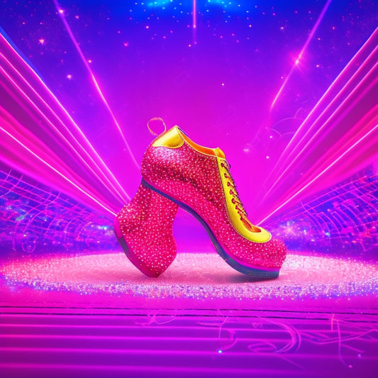 A whimsical illustration of a bright pink heart with legs and arms, wearing a pair of red dancing shoes, surrounded by swirling music notes and stars, in a vibrant, neon-lit disco ball background.