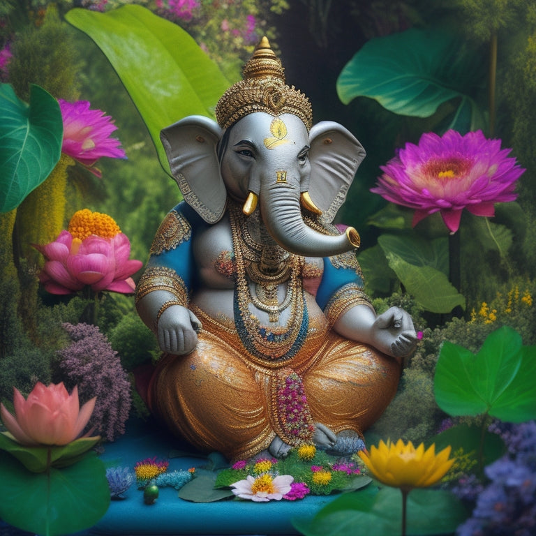 A colorful, intricately detailed illustration of Lord Ganesha sitting in a lotus position, surrounded by lush greenery, with vibrant flowers, golden accents, and a subtle, soft glow.