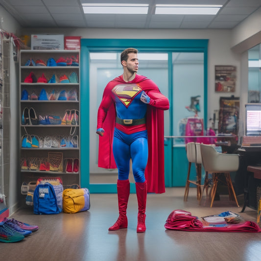 A dance instructor, wearing a first aid kit as a superhero cape, stands confidently in a dance studio with a first aid manual and a defibrillator nearby, surrounded by dance shoes and mirrors.