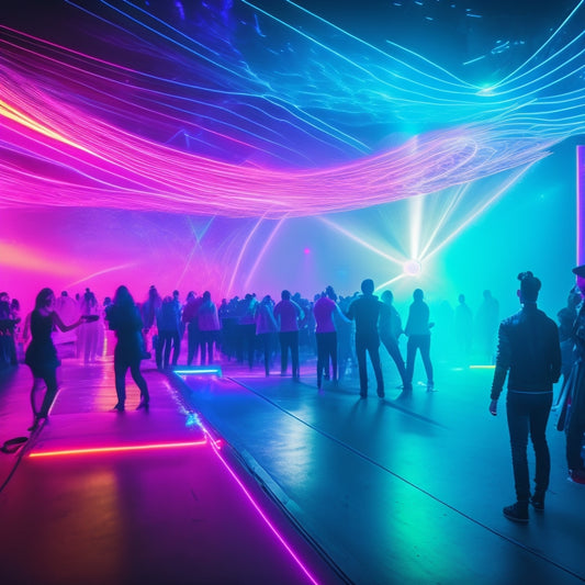 A futuristic nightclub scene with neon lights, strobing lasers, and a mesmerizing vortex of swirling colors, surrounded by dancing silhouettes, hypnotized by the pulsating rhythm.