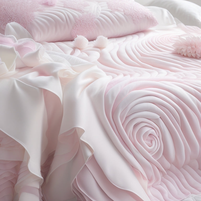 A quilt with a soft, whimsical ballet-inspired pattern featuring delicate tutu-like ruffles and gentle, swirling curves in shades of pale pink, lavender, and ivory, set against a creamy white background.