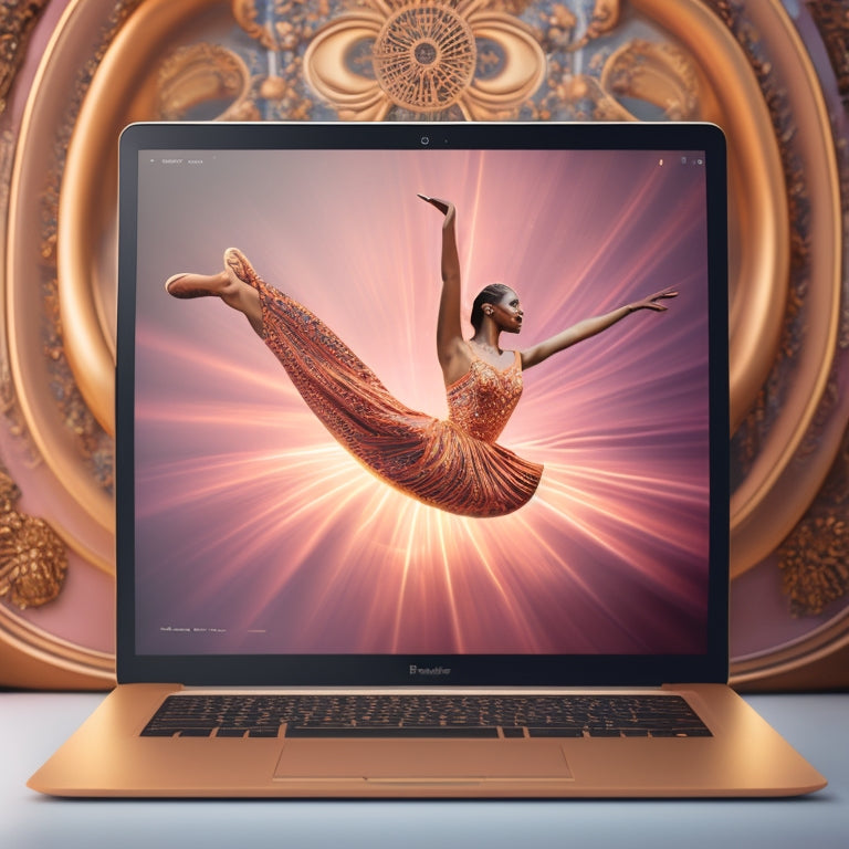 A stylized illustration of a laptop and a dancing figure merged together, surrounded by swirling patterns of ballet shoes, music notes, and subtle hints of a school setting.