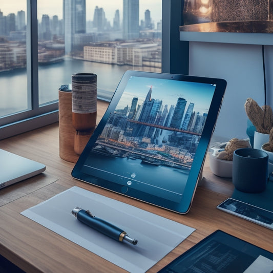 An iPad on a minimalist desk, surrounded by scattered design inspiration materials, with a blurred cityscape background, featuring 5-7 stunning wallpaper examples on the iPad screen.