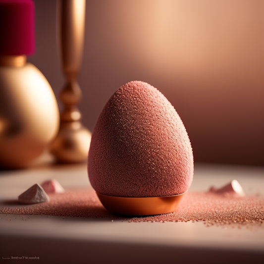 A close-up of a Beautyblender sponge resting on a velvet pedestal, surrounded by a halo of soft, golden light, amidst a scattering of subtle, shimmering makeup particles and delicate, rose-gold accents.