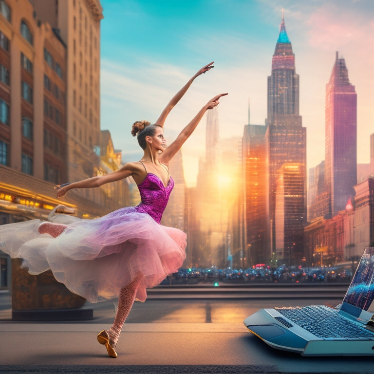 A whimsical illustration of a dancer in mid-pose, surrounded by swirling music notes, dance shoes, and laptops, with a subtle cityscape or studio background, conveying a sense of modern online learning.