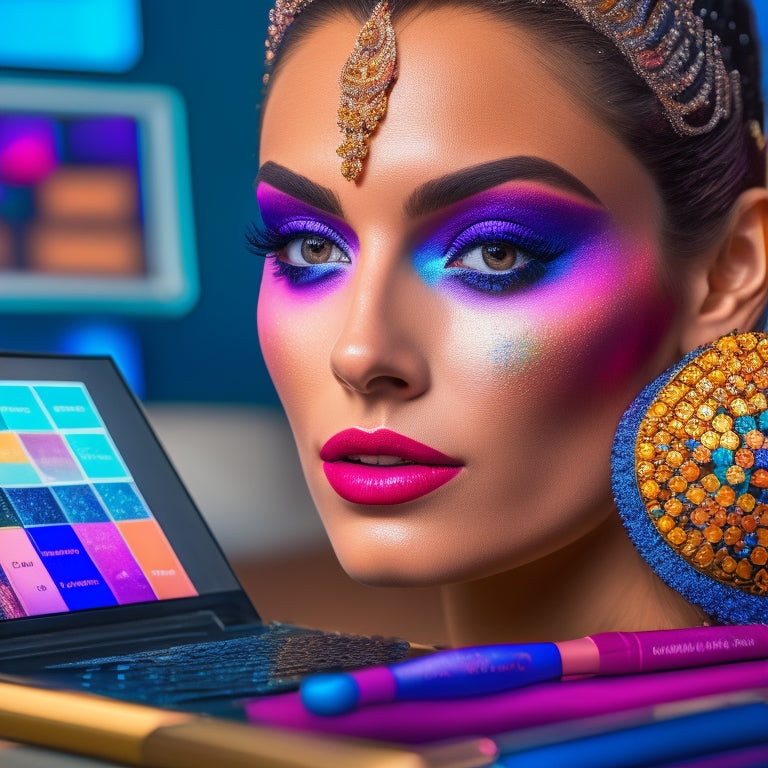 A close-up of a dancer's face with a flawless, stage-ready makeup look, surrounded by various makeup brushes, palettes, and mirrors, with a laptop or tablet in the background displaying a certification course.