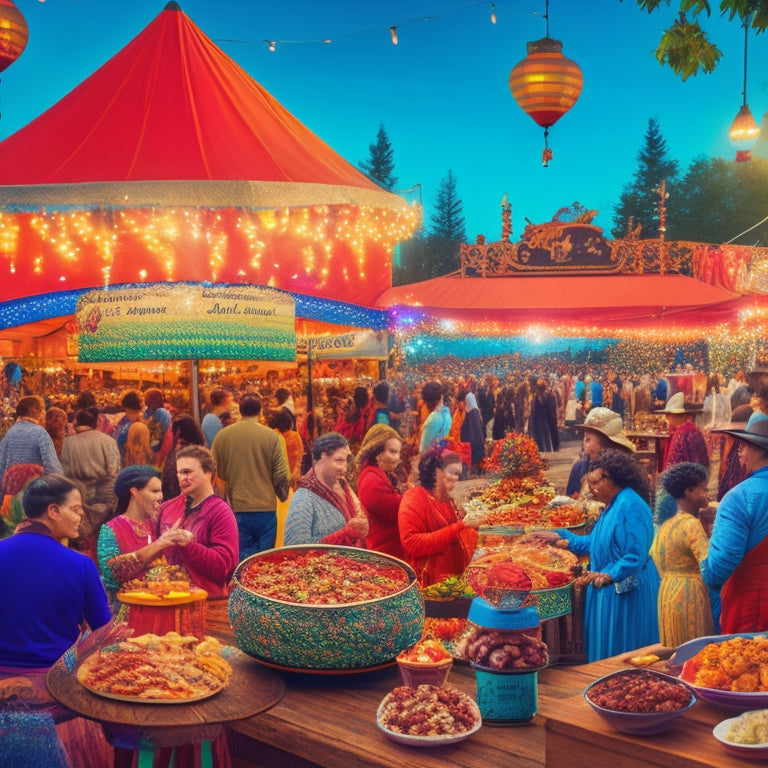 A vibrant illustration of a bustling outdoor festival scene, featuring colorful lanterns, rustic wooden tables, and joyful guests mingling around a majestic, ornate belly-shaped food station.