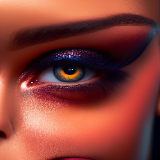 A close-up of a woman's dramatic eye, featuring bold, smoky eyeshadow, thick lashes, and a sharp cat-eye liner, set against a dark, gradient background with spotlight-inspired lighting.