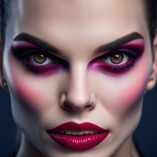 A close-up of a person's face, transformed into a vampire using the Mehron Vampire Makeup Kit, with pale skin, blood-red lips, and sharp fangs, set against a dark, eerie background.