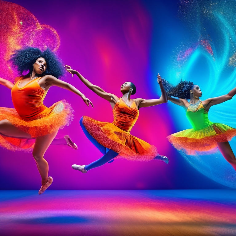 A vibrant illustration of diverse young dancers in dynamic poses, surrounded by swirling lights, music notes, and bold colors, conveying energy, passion, and empowerment.