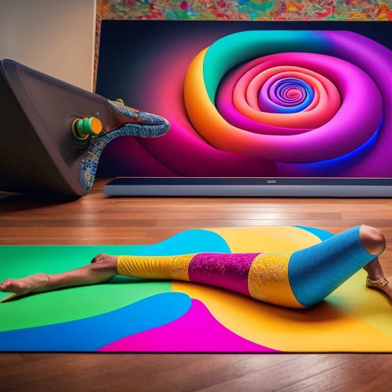 A colorful, abstract representation of video editing, featuring a yoga mat, a laptop, and a pair of dancing feet, surrounded by swirling shapes and motion lines.