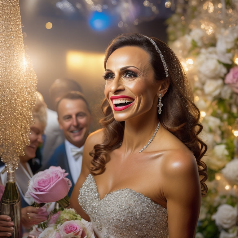 A glamorous, beaming Karina Smirnoff in a lace, strapless wedding gown, surrounded by paparazzi cameras and flashing bulbs, amidst a whirlwind of champagne bottles and rose petals.