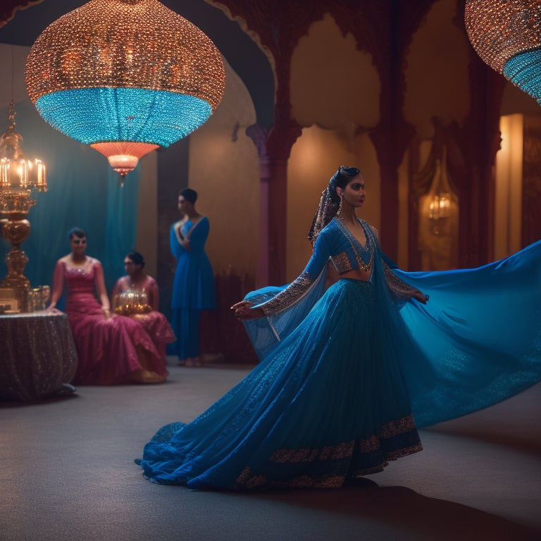 A serene, dimly lit studio with a lone dancer in a flowing, turquoise skirt, surrounded by mirrors, practicing a intricate arm wave, with Middle Eastern-inspired patterns and lanterns in the background.