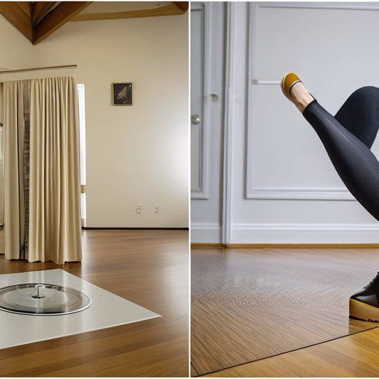 A split-screen image: on the left, a person in a tap dance outfit standing on a vinyl plank floor, one foot tapping, with sound waves radiating from the foot; on the right, a close-up of the floor with a single tap shoe print.