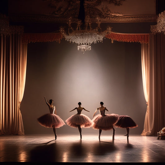 A darkened theatrical stage illuminated by a single spotlight, with three ballet dancers in various poses, their silhouettes contrasting against a warm, golden backdrop of ornate curtains and twinkling lights.