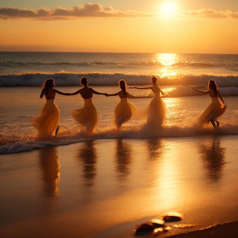 A dreamy, golden-lit beach scene at dusk, with silhouetted dancers in flowing costumes moving in unison, surrounded by scattered seashells and gentle waves caressing the shore.