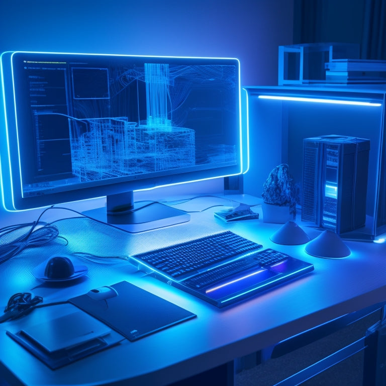 A futuristic desk with a sleek computer, surrounded by glowing blue wires, scattered with 3D modeling tools, and a holographic display projecting a half-built digital prop, against a dark, gradient blue background.