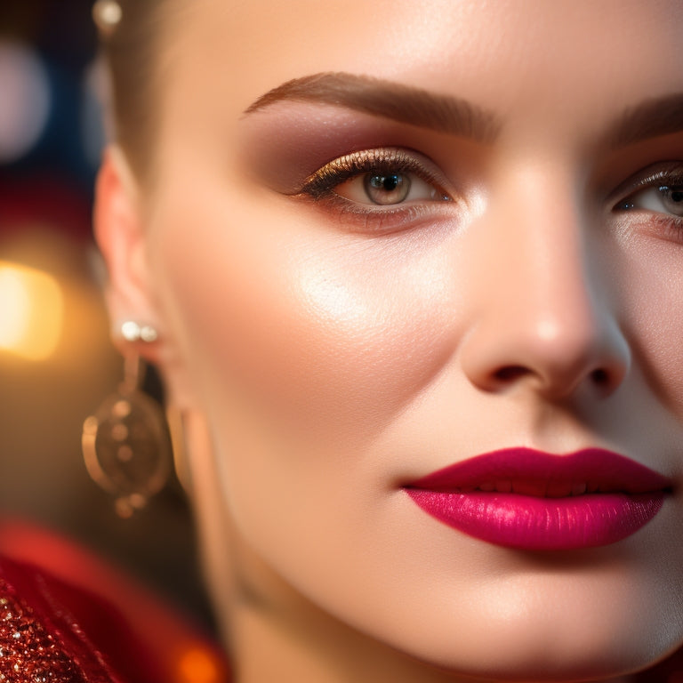 A close-up of a spotlight-lit face, with a delicate balance of shimmering eyeshadow, bold lipstick, and flawless foundation, amidst a blurred background of stage wings and costume fabrics.