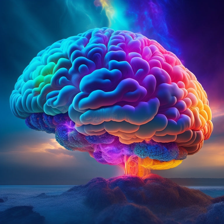 A vibrant, futuristic brain surrounded by glowing, interconnected nodes and swirling clouds of colorful thoughts, with a subtle, shimmering light radiating from the center.