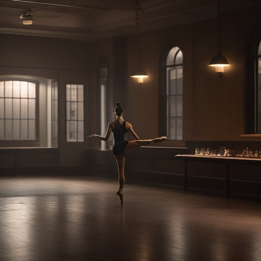 A serene, dimly lit dance studio with a wooden floor, a few ballet bars, and a lone dancer in the center, wearing leggings and a leotard, performing a gentle barre exercise.