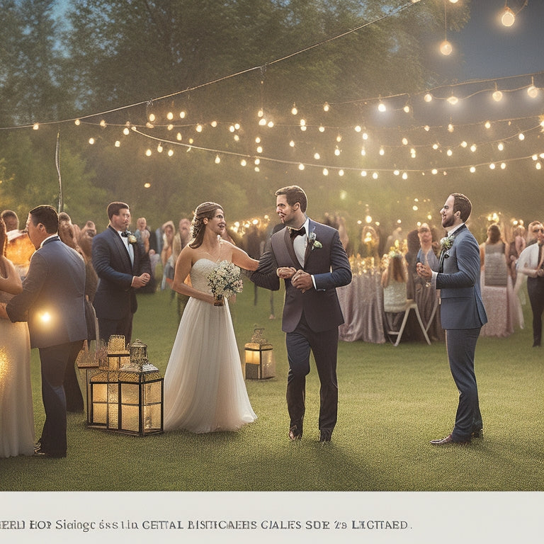 A whimsical illustration of a wedding reception scene at dusk, with twinkling string lights and lanterns, featuring a customizable sign that reads nothing, surrounded by dancing guests in joyful motion.