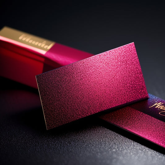 A sleek, metallic business card with a bold, crimson lip print in the center, surrounded by elegant, swirling brushstrokes and subtle, shimmering glitter accents.