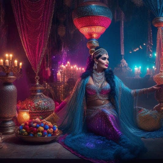 A vibrant, dimly-lit scene featuring a belly dancer surrounded by colorful props: feather boas, glittering veils, sequined fans, and ornate lanterns, with a Moroccan-inspired backdrop of intricate tile patterns.