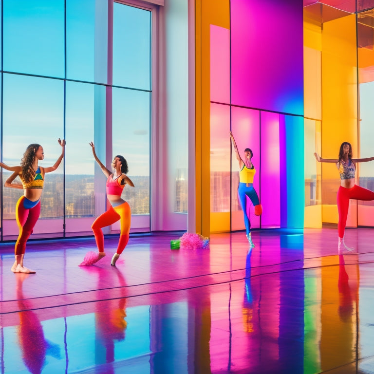 A vibrant dance studio with mirrored walls, featuring dancers in colorful, breathable leggings and stylish crop tops, showcasing flexibility and movement, surrounded by soft natural light filtering through large windows.