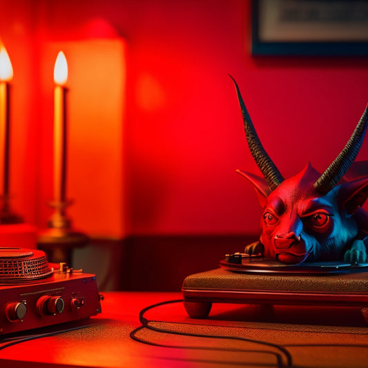 A distressed, vintage-style record player with a devil figurine sitting on top, surrounded by broken headphones and tangled audio cables, with a faint, ominous red glow in the background.