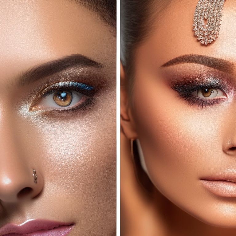 A close-up of a dancer's face, with a before-and-after split-screen effect, showcasing a natural, bare-faced look on the left and a glamorous, stage-ready makeup look on the right, with bold, shimmering eyeshadow and luscious lashes.